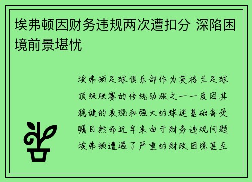 埃弗顿因财务违规两次遭扣分 深陷困境前景堪忧