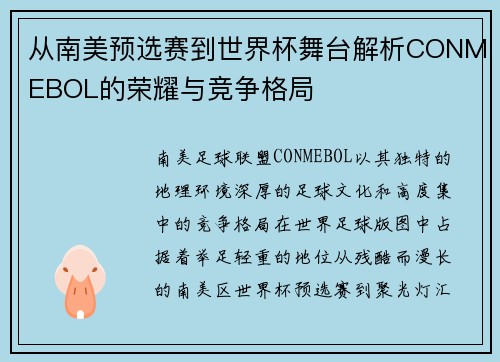 从南美预选赛到世界杯舞台解析CONMEBOL的荣耀与竞争格局