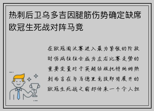 热刺后卫乌多吉因腿筋伤势确定缺席欧冠生死战对阵马竞